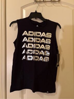 Adidas Black Tank Top with Metallic Silver Logo Stack